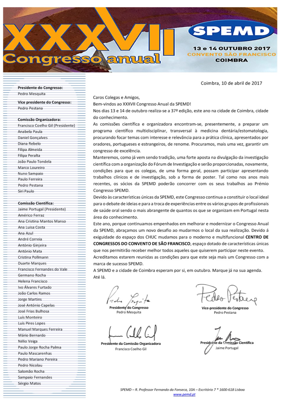 Carta Boas-Vindas Congresso SPEMD 2017